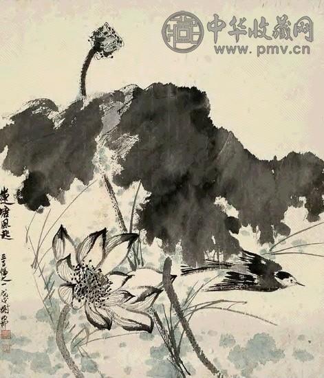 谢稚柳 1958年作 莲塘风起 立轴 设色纸本