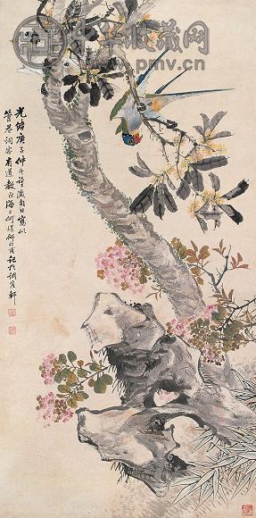 何煜 1900年作 秋花鹦鹉图 立轴 设色纸本