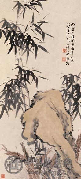 吴鼒 竹石 立轴 设色纸本