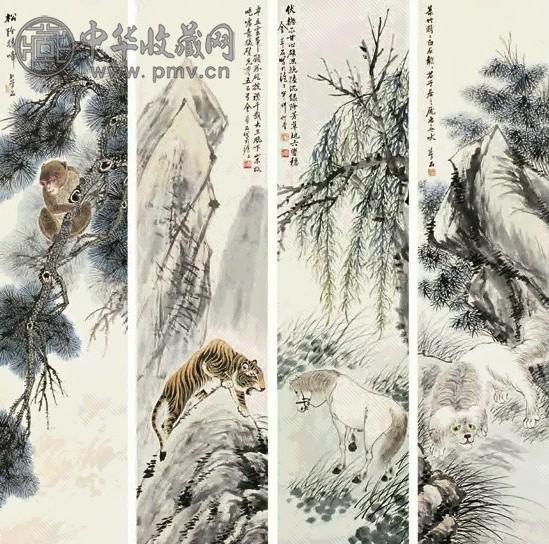 金梦石 动物 四屏 设色纸本