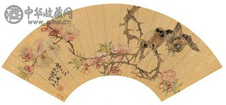 任伯年 桃花双雀 扇面 设色笺本