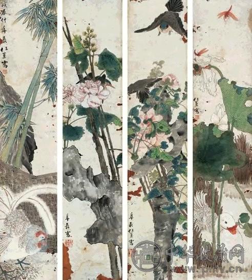 任薰 花鸟 四屏 纸本