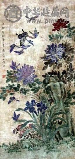 恽冰 花蝶 立轴 设色绫本