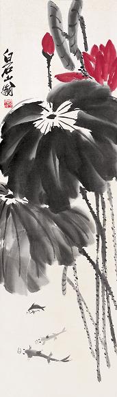 齐白石(款) 荷花游鱼 立轴 设色纸本