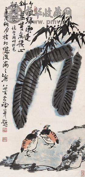 李苦禅 蕉荫双禽 立轴 设色纸本