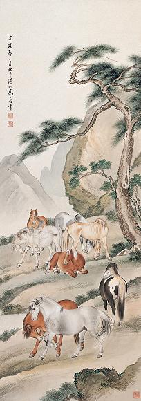 马晋 1947年作 八骏图 镜心 设色纸本