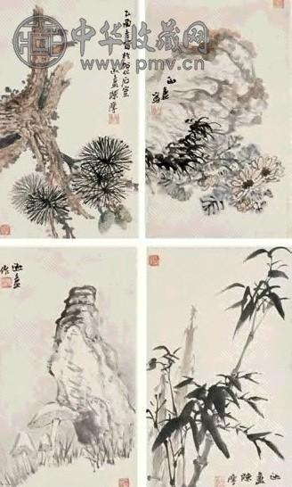 陈摩 1945年作 山水花卉 四屏 设色纸本