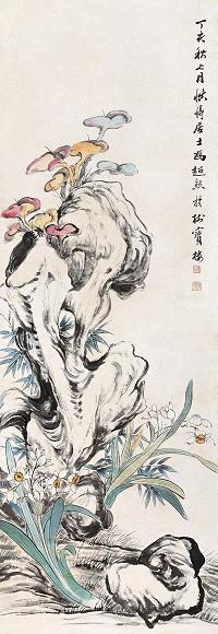 冯超然 1947年作 双寿 立轴 设色纸本