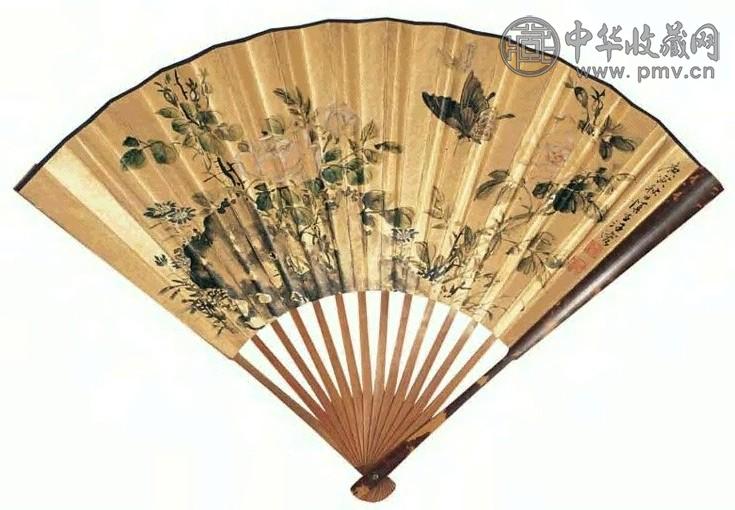 汪溶 1950年作 花丛双蝶 扇面 设色金笺