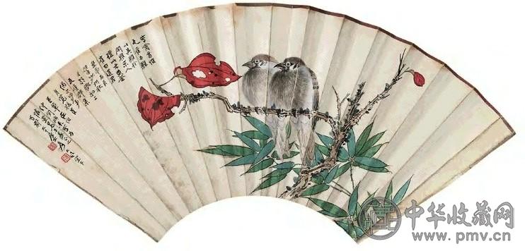 近现代 张大千 秋叶栖禽 扇面