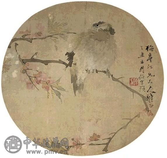 任伯年 1877年作 桃花白头翁 团扇 设色绢本