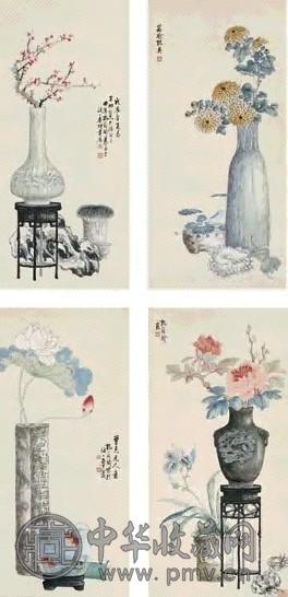孔小瑜 博古 一堂四屏 设色纸本