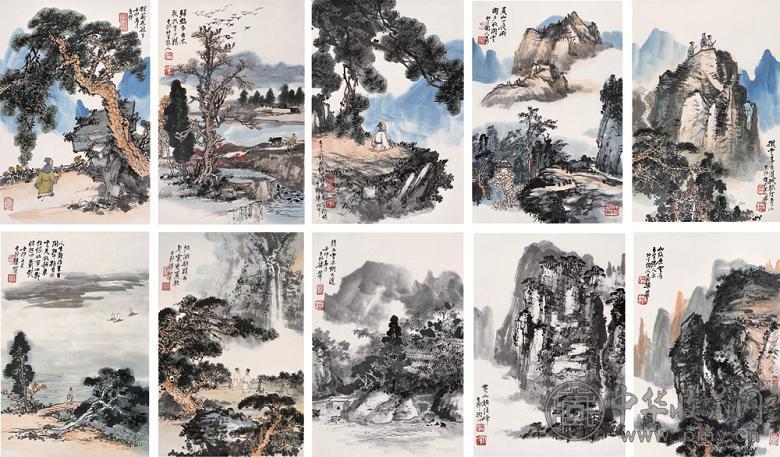 梁树年 1992年作 豆村山水册 册页(10开) 设色纸本