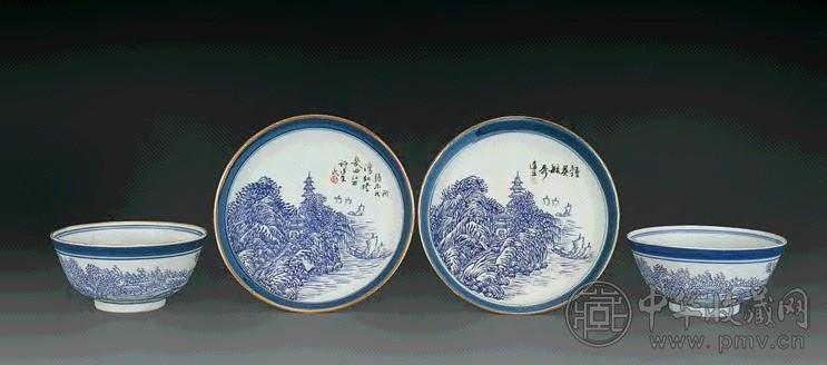 民国 蓝釉山水纹碗盆