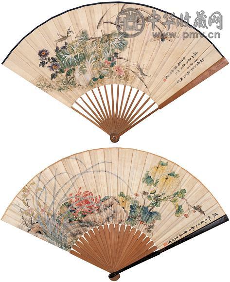 韩骊 黄润露 花卉(2件) 成扇 设色纸本