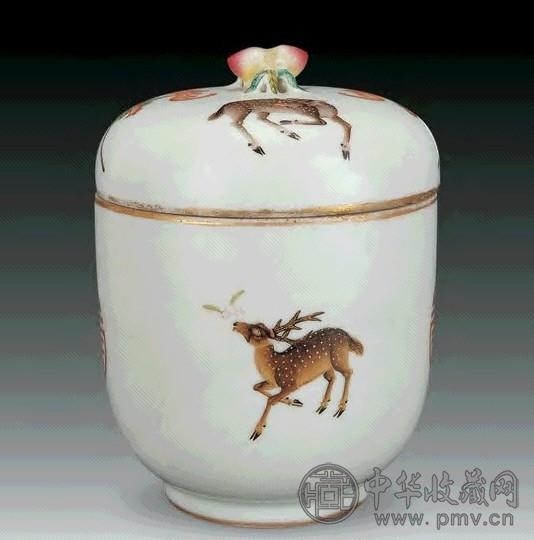 清光绪 双鹿桃钮盖缸
