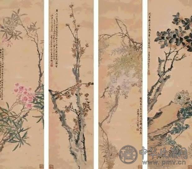 汪继声 花卉 四屏