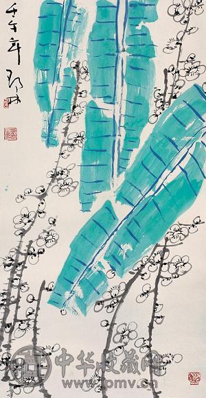 邓林 2002年作 蕉叶梅花 立轴 设色纸本