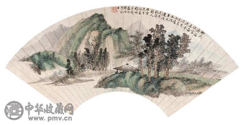 启功 1936年作 富春光影 扇面 设色纸本