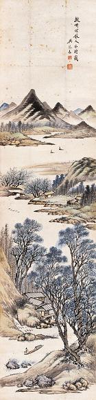 吴琴木 水村图 立轴 设色纸本