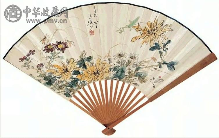 王雪涛 1951年作 秋菊草虫 扇面 设色纸本