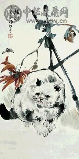 吴伯年 猫蝶图 立轴 设色纸本