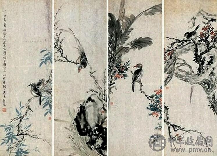 郭味渠 花鸟 四屏 设色纸本