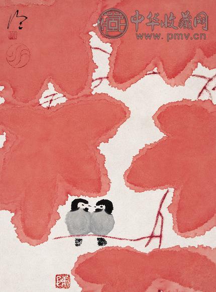 陈家泠 风叶双鸟 单开册页 设色纸本