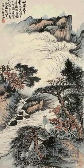 萧谦中 1932年作 山水 立轴 设色纸本