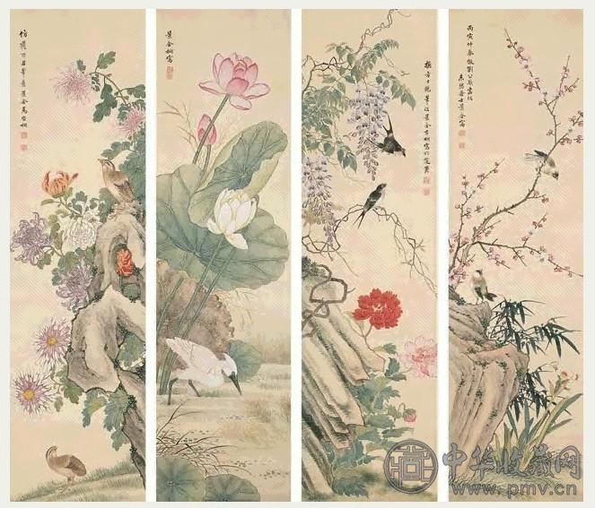 马家桐 丙寅(1926年)作 花鸟 屏条(4) 设色绢本