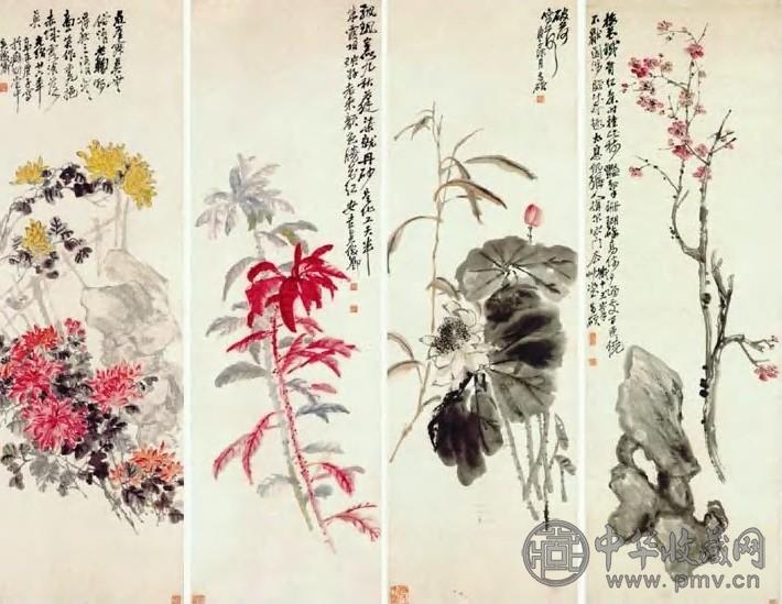 吴昌硕 近现代 梅石、荷花、雁来红、菊石 轴