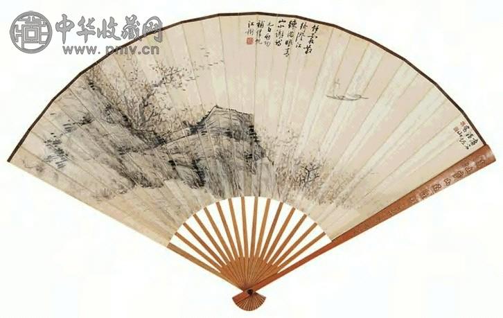 启功 余霞散绮澄江练 扇面 设色纸本