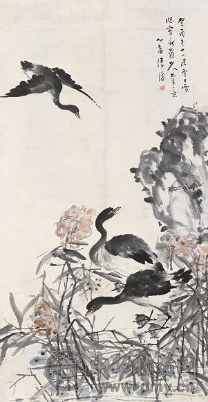 溥儒 1933年作 拟新罗山人花鸟 立轴 设色纸本
