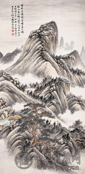 冯超然 1924年作 古木云峰图 立轴 设色纸本