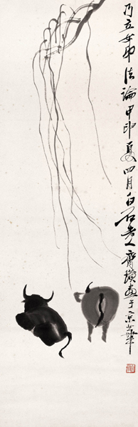 齐白石 柳牛图 水墨纸本