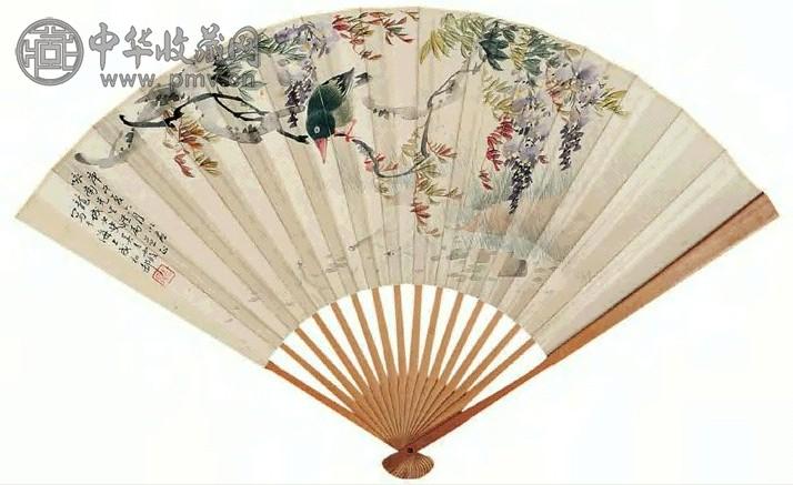吴青霞 1930年作 游鱼翠鸟图 扇面 设色笺本