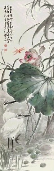 李学谦 荷花鹭笃 立轴 设色纸本