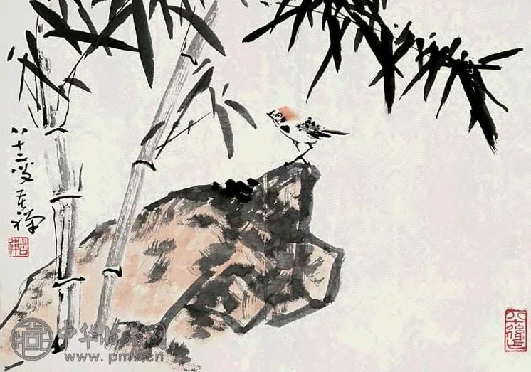 李苦禅 竹石雀 镜心 设色纸本