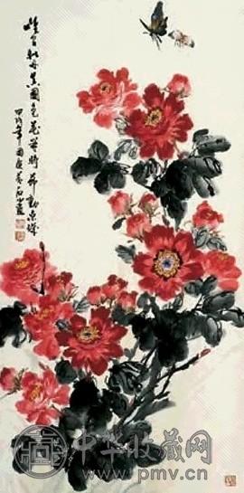 高石山 蝴蝶牡丹 立轴 设色纸本