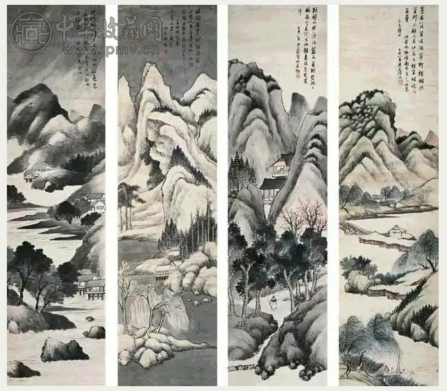 林纾 山水四条屏 立轴 设色纸本