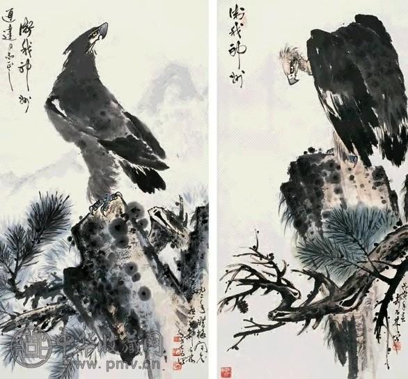 郝石林 松鹰图(2帧) 立轴 设色纸本