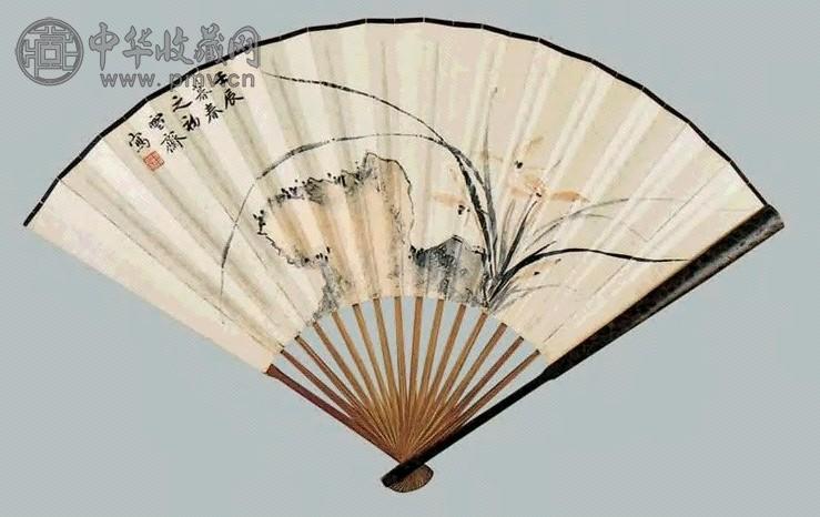 溥雪斋 兰石、书法 扇面 纸本