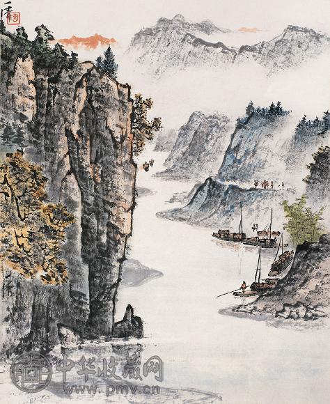 陶一清 泊舟图 立轴 设色纸本