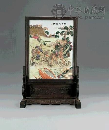 民国 粉彩关公战吕布插屏