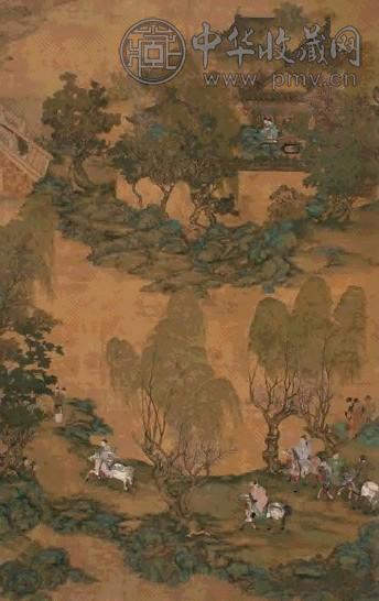 仇英 陌上竞马图 立轴 纸本