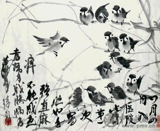 黄胄 群雀 镜心 水墨纸本