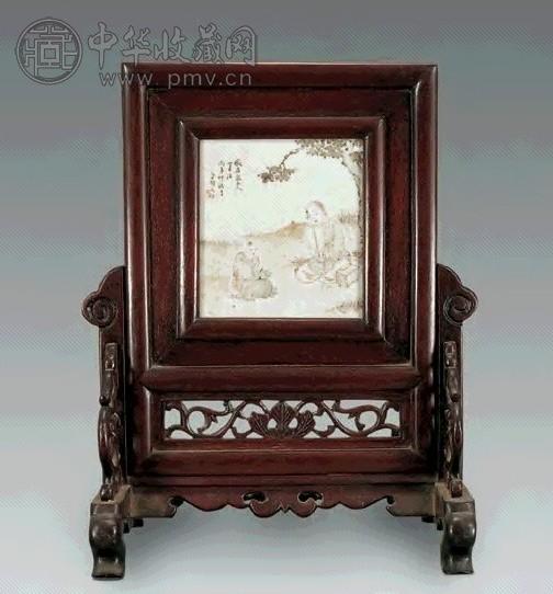 俞子明浅绛彩“教子图”插屏