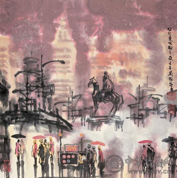 徐希 2002年作 纽约曼哈顿之夜 镜心 设色纸本