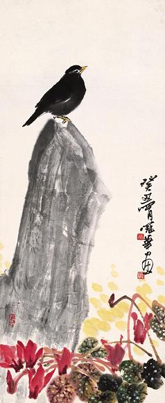 高冠华 花卉雀石 立轴 纸本