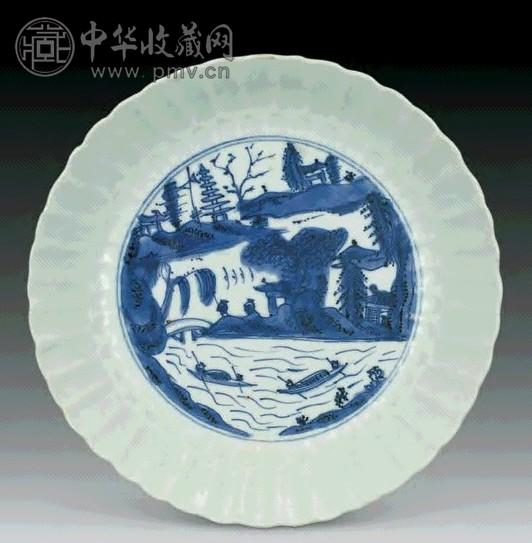 晚明 青花山水盆